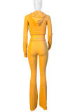 Yellow Casual Hooded Long Sleeve Pocket Zipper Crop Jackets And Flare Leg Pants Two Pieces Jogger Sets