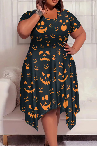 Orange Black Elegant Print Patchwork O Neck Irregular Plus Size Dresses