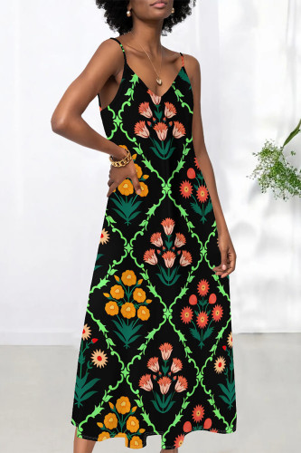 Green Sexy Plaid Butterfly Print Stripe Contrast V Neck Printed Dresses