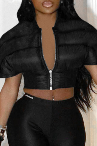 Black Casual Zipper Collar Short Sleeve Crop Puffer Vest