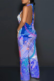 Blue Casual Gradient Chain print Lace Up Backless Contrast Halter Loose Jumpsuits