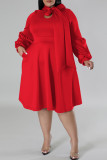 Caramel Colour Elegant Solid Color Patchwork Strap Design Asymmetrical Collar A Line Plus Size Dresses