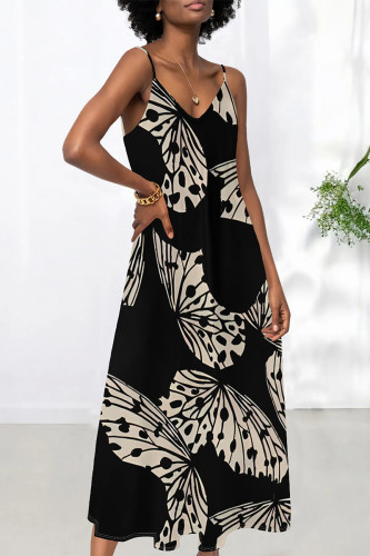 Black Sexy Plaid Butterfly Print Stripe Contrast V Neck Printed Dresses