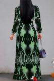 Blue White Elegant Geometric Print Lace Up Contrast V Neck Printed Dresses