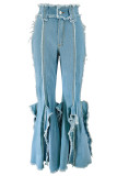 Light Blue Street Solid Color Pocket Buttons Patchwork Slit Zipper High Waist Boot Cut Denim Jeans