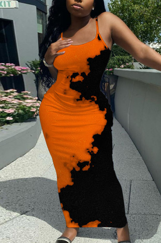 Orange Sexy Casual Print Backless Spaghetti Strap Long Dresses