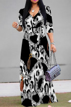 Black And White Elegant Leopard Print Zebra Print Chain print Pocket Lace Up V Neck Printed Dresses(There are pockets)