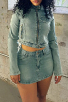 Blue Street Solid Color Pocket Buttons Patchwork Zipper Mandarin Collar Long Sleeve Two Pieces