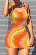 Yellow Sexy Print Patchwork Backless Spaghetti Strap Sling Dresses