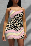 Green Sexy Leopard Print Floral Print Contrast U Neck Printed Dresses