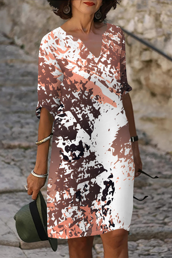 Brown Casual Geometric Print Contrast V Neck Printed Dresses