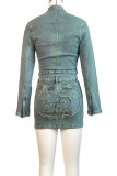 Blue Street Solid Color Pocket Buttons Patchwork Zipper Mandarin Collar Long Sleeve Two Pieces