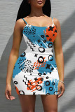 White Blue Sexy Geometric Print Contrast U Neck Printed Dresses