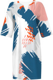 Blue Purple Casual Geometric Print Contrast V Neck Printed Dresses