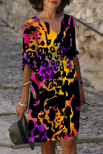 Orange Purple Casual Poker Letter Print Contrast V Neck A Line Dresses