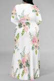 Cream White Elegant Floral Print Lace Up Slit Contrast V Neck Printed Plus Size Dresses