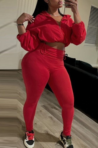 Red Casual Solid Color Draw String Patchwork Zipper Hooded Long Sleeve Two Pieces