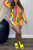 Colour Casual Striped Print Patchwork Shirt Collar Long Sleeve Two Pieces