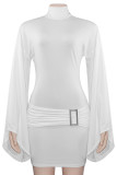 White Sexy Solid Color Patchwork Ruched Turtleneck Wrapped Skirt Dresses