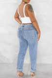 Black Street Solid Color Ripped Buttons Patchwork Zipper High Waist Regular Denim Jeans