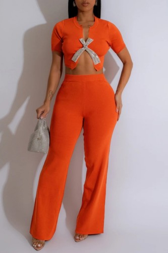 Orange Casual Solid Color Patchwork V Neck Short Sleeve Two Pieces
