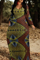 Yellow Red Elegant Print Patchwork O Neck Long Dresses