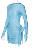 Blue Sexy Solid Color Hollow Out Patchwork Strap Design O Neck Wrapped Skirt Dresses