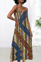 Blue Sexy Print Patchwork Backless Spaghetti Strap Sling Dresses
