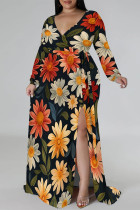 Multicolor Elegant Flowers Print Lace Up Slit Contrast V Neck Printed Plus Size Dresses