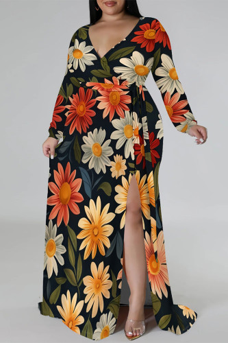 Multicolor Elegant Flowers Print Lace Up Slit Contrast V Neck Printed Plus Size Dresses