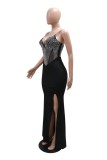 Black Sexy Patchwork Hot Drilling Backless Slit Spaghetti Strap Evening Dresses