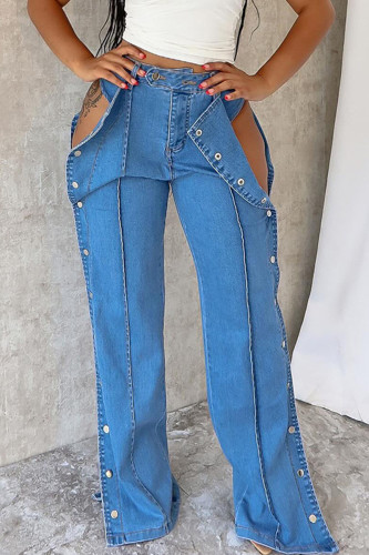 Blue Street Solid Color Buckle Patchwork Zipper Mid Waist Loose Denim Jeans