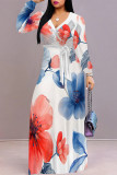 Apricot Blue Elegant Flowers Print Lace Up Contrast V Neck Printed Dresses