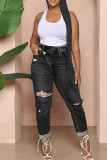 Black Street Solid Color Ripped Buttons Patchwork Zipper High Waist Regular Denim Jeans