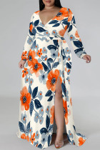 Orange Apricot Elegant Floral Print Lace Up Slit Contrast V Neck Printed Plus Size Dresses