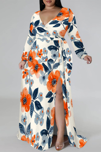 Orange Apricot Elegant Floral Print Lace Up Slit Contrast V Neck Printed Plus Size Dresses