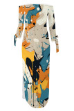 Beige Sexy Street Colorblock Print Slit Contrast Off Shoulder Printed Dresses