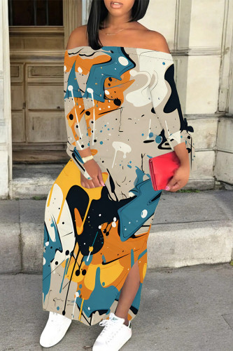 Multicolor Sexy Street Colorblock Print Slit Contrast Off Shoulder Printed Dresses
