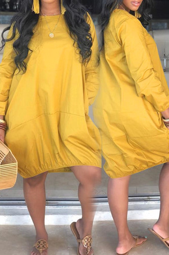 Gold Casual Solid Color Patchwork O Neck Lantern Skirt Dresses