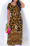 Yellow Brown Casual Leopard Print Polka Dot Contrast O Neck Short Sleeve Two Pieces