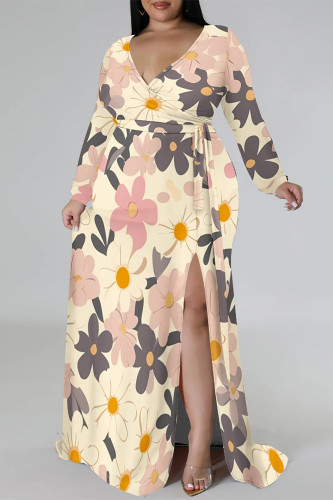 Beige Elegant Flowers Print Lace Up Slit Contrast V Neck Printed Plus Size Dresses