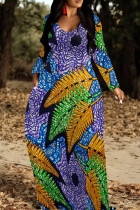 Blue Elegant Print Patchwork O Neck Long Dresses