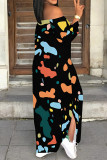 Beige Sexy Street Colorblock Print Slit Contrast Off Shoulder Printed Dresses