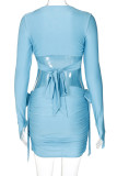 Blue Sexy Solid Color Hollow Out Patchwork Strap Design O Neck Wrapped Skirt Dresses