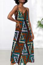 Multicolor Sexy Print Patchwork Backless Spaghetti Strap Sling Dresses