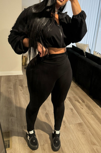Black Casual Solid Color Draw String Patchwork Zipper Hooded Long Sleeve Two Pieces