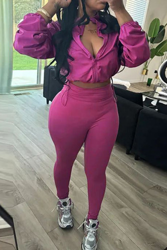 Purple Casual Solid Color Draw String Patchwork Zipper Hooded Long Sleeve Two Pieces