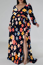 Black Elegant Flowers Print Lace Up Slit Contrast V Neck Printed Plus Size Dresses