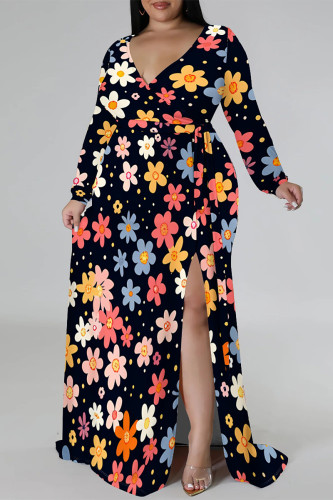 Black Elegant Flowers Print Lace Up Slit Contrast V Neck Printed Plus Size Dresses