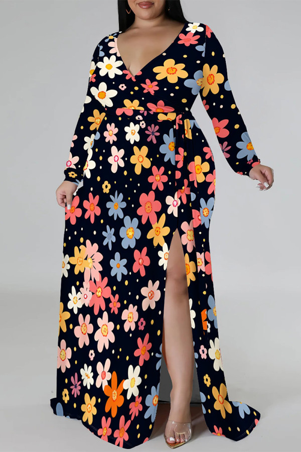 Black Elegant Flowers Print Lace Up Slit Contrast V Neck Printed Plus Size Dresses